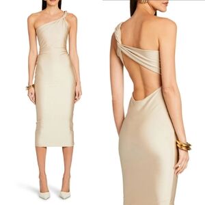 NWT SER.O.YA Mildred Twisted One Shoulder‎ Open Back Midi Bodycon Dress in Gold